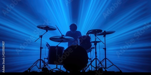 Silhouette of a drummer against vibrant blue light rays.