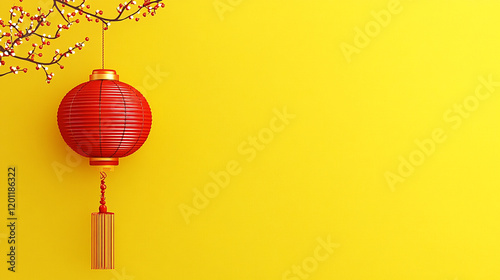 Chinese new year yellow background design with red lanterns hanging in tree branches with blooming flowers photo