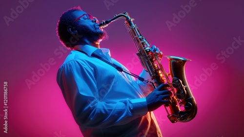 Musician playing saxophone against colorful background.