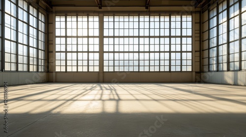 A spacious industrial interior with large windows casting shadows on the floor.