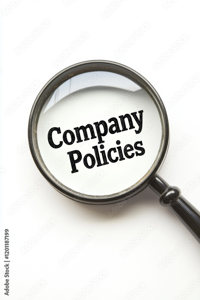 A magnifying glass focuses on the bold text 'Company Policies' against a white background, highlighting the importance of understanding workplace guidelines. A magnifying glass focuses on the bold text 'Company Policies' against a white background, highlighting the importance of understanding workplace guidelines.