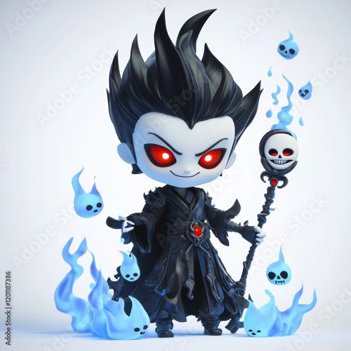 Dark Mage Chibi 3D Render: A malevolent chibi mage, wielding a skull-topped staff, surrounded by wisps of blue flame.