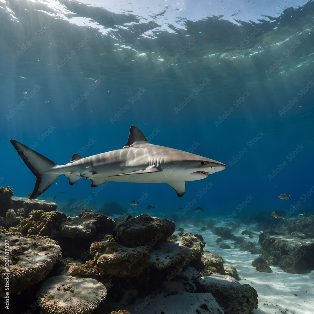 Fototapeta premium Graceful shark swimming peacefully among coral reefs in a clear ocean