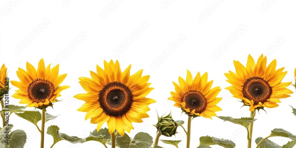 Vibrant sunflowers with yellow petals positioned in a row against a stark white background, showcasing their detailed centers and green leaves. Vibrant sunflowers with yellow petals positioned in a row against a stark white background, showcasing their detailed centers and green leaves.