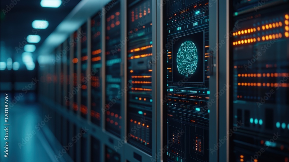 Artificial intelligence, SIEM concept, A high-tech server room with illuminated racks and a digital brain icon, symbolizing advanced computing and AI technology. Artificial intelligence, SIEM concept, A high-tech server room with illuminated racks and a digital brain icon, symbolizing advanced computing and AI technology.