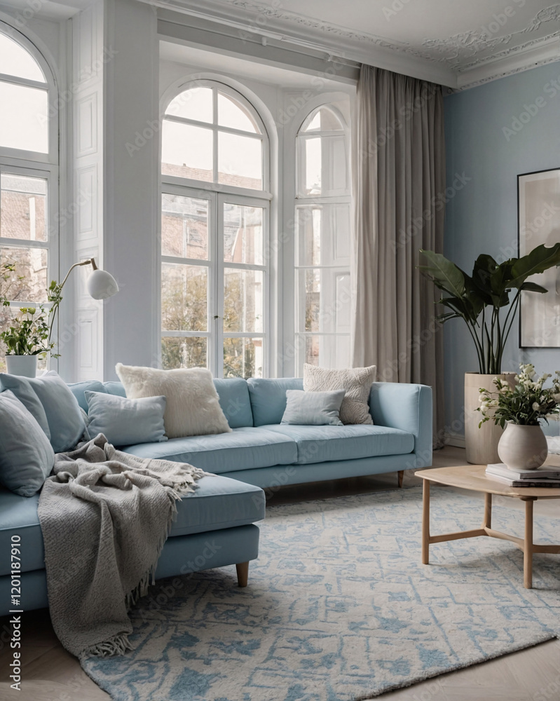 Stylish Scandinavian Living Room Design with Fluffy Couch Pastel Blue Sofa and Simple Minimalist Style Interior Design Inspiration Stylish Scandinavian Living Room Design with Fluffy Couch Pastel Blue Sofa and Simple Minimalist Style Interior Design Inspiration