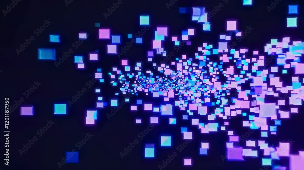 An abstract digital image featuring pixels that radiate vibrant shades of blue and purple on a dark background An abstract digital image featuring pixels that radiate vibrant shades of blue and purple on a dark background