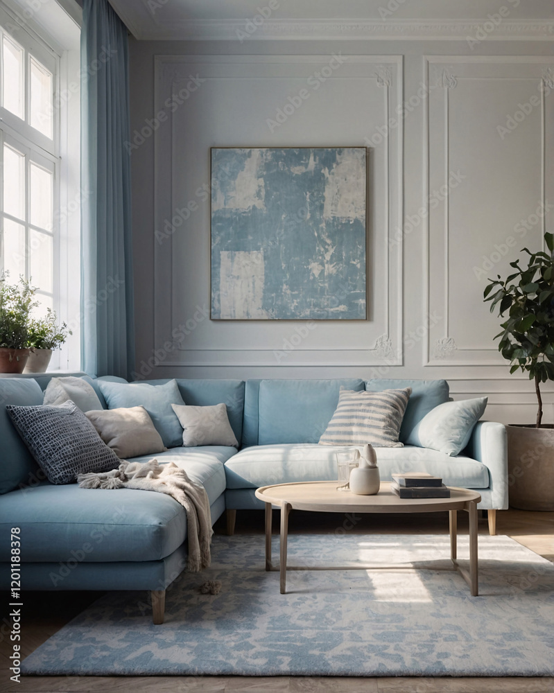 Stylish Scandinavian Living Room with Fluffy Couch Soft Pastel Blue Sofa and Simple Modern Design Interior Design Inspiration Stylish Scandinavian Living Room with Fluffy Couch Soft Pastel Blue Sofa and Simple Modern Design Interior Design Inspiration