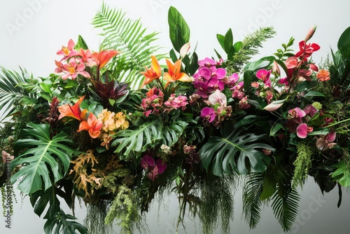 A lush composition of tropical plants, including Monstera, ferns, and vivid orchids, cascading over tree branches.