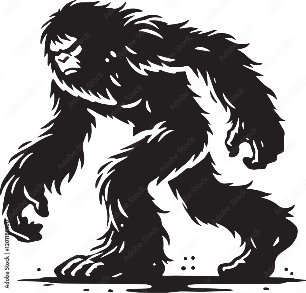 Fototapeta premium Black Color Mythic Creature Yeti Silhouette Vector Illustration, Solid White Background