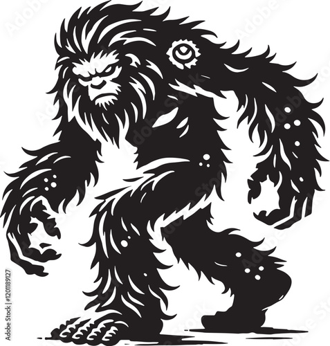 Black Color Mythic Creature Yeti Silhouette Vector Illustration, Solid White Background