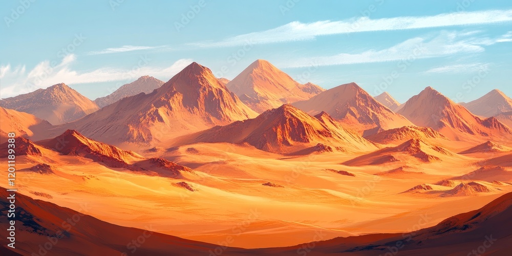 Naklejka premium Vibrant desert landscape with golden sand dunes in foreground, majestic mountains in shades of red and orange in background under a blue sky.