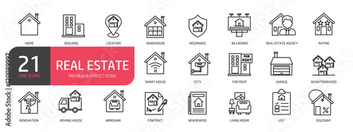 Set of line icons related to real estate, building, moving house, agency. Outline icons collection. Editable stroke. Vector illustration.