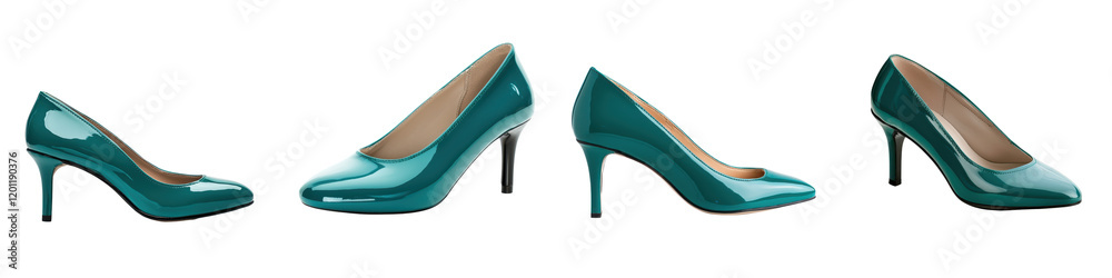 Obraz premium Elegant green patent leather high heel shoes on white background showcasing feminine fashion professional corporate style and chic office attire The sleek minimalist