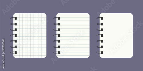 Notepad with flat design. Set of notepads with chequered, ruled and blank white pages. Spiral notepad vector illustration. Isolated