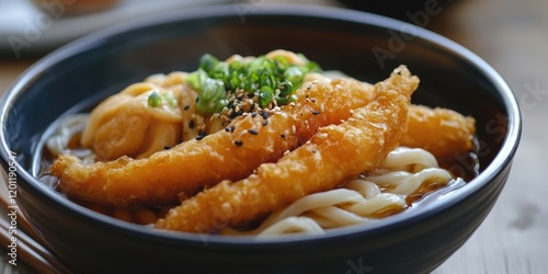 Delicious Sanuki Udon topped with crispy tempura sweet potato in a black bowl garnished with green onion and sesame seeds on a wooden table. photo