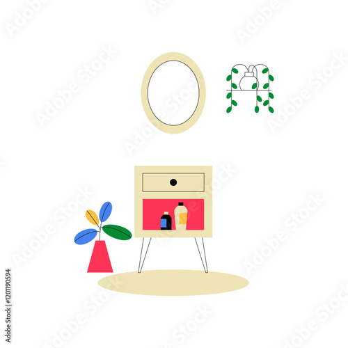 Nightstand With Mirror And Indoor Plants In Flat Vector Illustration Symbolizing Modern Interior Design And Home Decor, Isolated On White Background