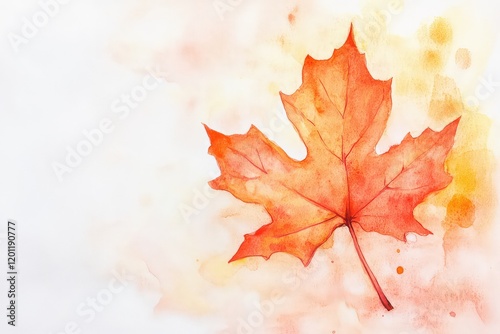 A minimal watercolor painting featuring a single maple leaf in fiery autumn hues on a soft, textured backdrop.