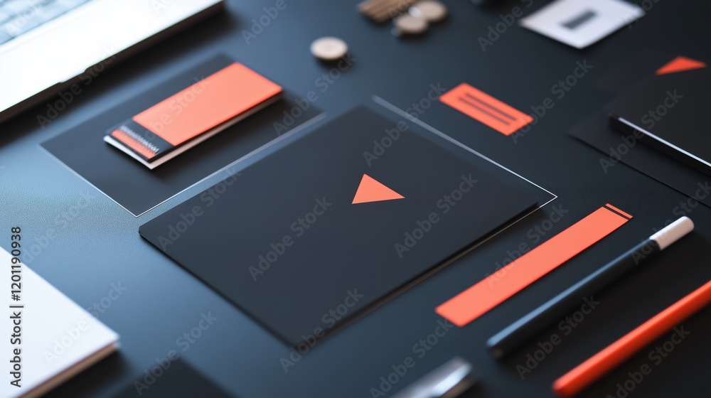 Naklejka premium Brand Value Concept. Stylish workspace with black and orange stationery items.