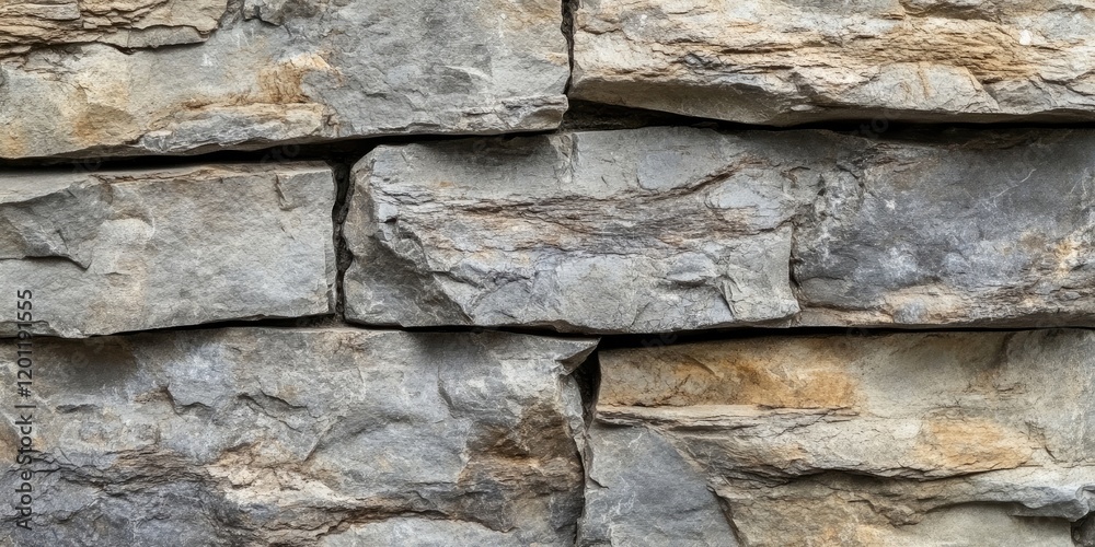 Natural stone wall texture with grey and beige tones featuring rough surfaces and visible imperfections, arranged in a rugged, stacked pattern