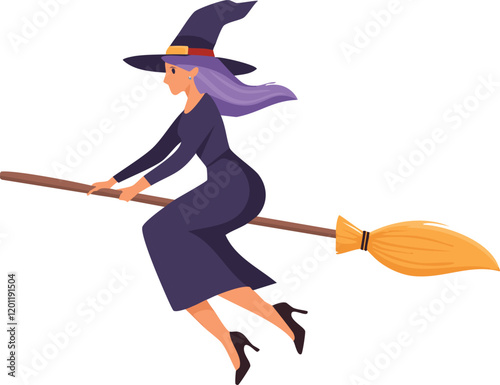 women Flying on Broomstick Vector flat design.