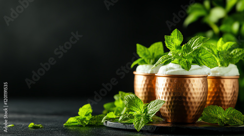 Turkish Ayran yogurt drink, served in copper cups with rustic decor, [Middle Eastern beverages, refreshing simplicity] photo