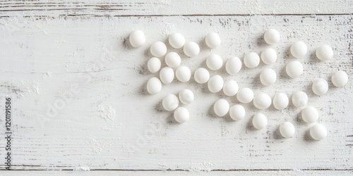 White sugarcoated dragees scattered on a rustic white wooden surface with soft shadows creating a calm and inviting atmosphere
