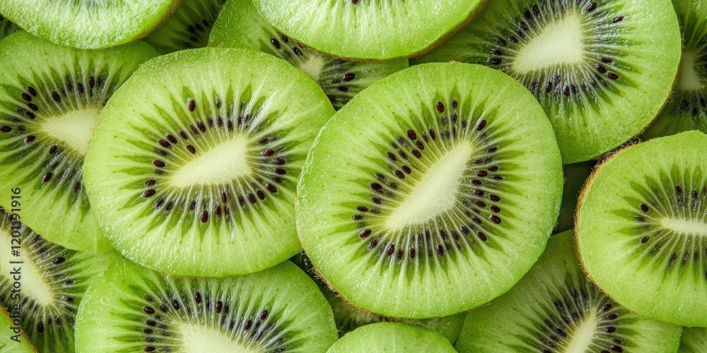 Sliced kiwi fruits displaying vibrant green flesh and tiny black seeds arranged in a flat layer highlighting their nutritious appeal and freshness Sliced kiwi fruits displaying vibrant green flesh and tiny black seeds arranged in a flat layer highlighting their nutritious appeal and freshness