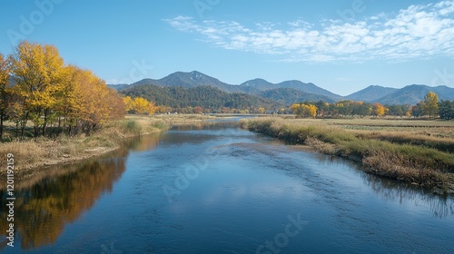 Autumn River Landscape with Mountains