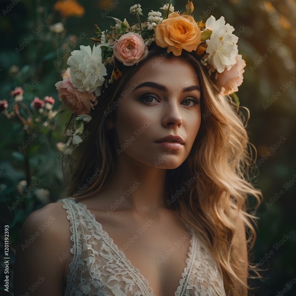 Naklejka premium Beautiful woman with flower wreath on her head. Flowers hairstyle. Spring woman