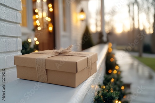 Delivery box placed on a porch railing adorned with holiday lights in the late afternoon light, signifying the arrival of a special package during the festive season