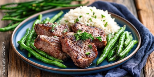 Succulent roasted lamb fillets on a blue plate with green beans and rice, arranged on a wooden table, featuring selective focus and shallow depth.