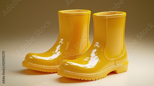 Yellow rain boots studio shot, beige background, product shot photo