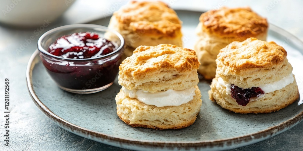Delicious sultana scones with cream and jam on a rustic plate against a blurred background showcasing ample copy space for text use Delicious sultana scones with cream and jam on a rustic plate against a blurred background showcasing ample copy space for text use