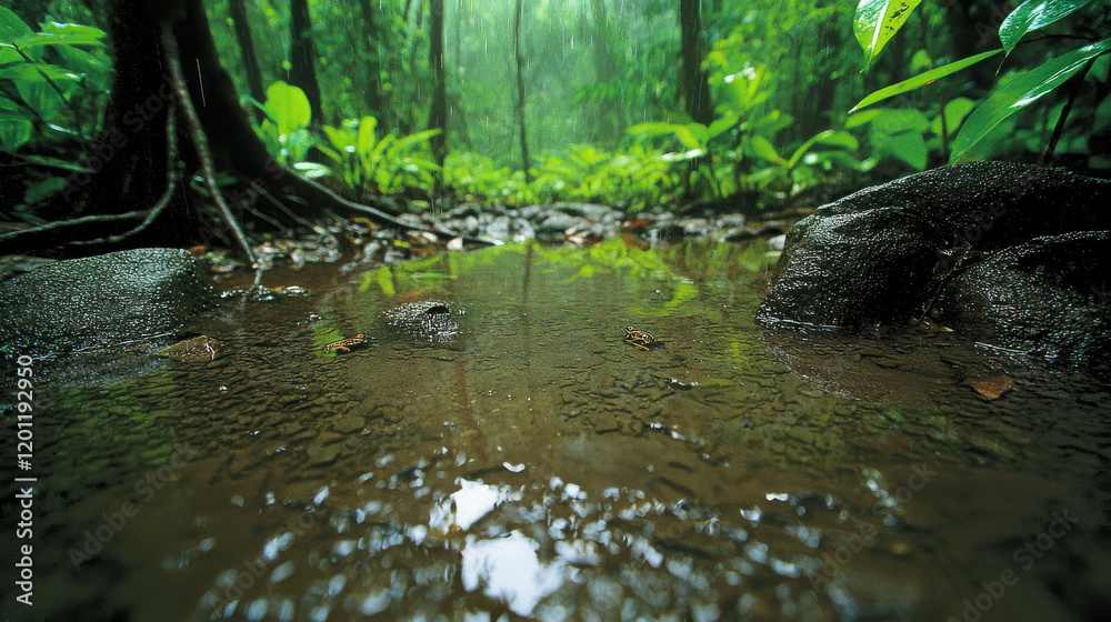 A Serene View of Rainwater Pooling in a Lush Tropical Rainforest Scene A Serene View of Rainwater Pooling in a Lush Tropical Rainforest Scene
