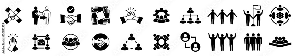Successful business collaboration icon set. Containing teamwork, cooperation, team working, agreement, handshake, support, leadership, help, group people, partnership,organization. Vector illustration Successful business collaboration icon set. Containing teamwork, cooperation, team working, agreement, handshake, support, leadership, help, group people, partnership,organization. Vector illustration