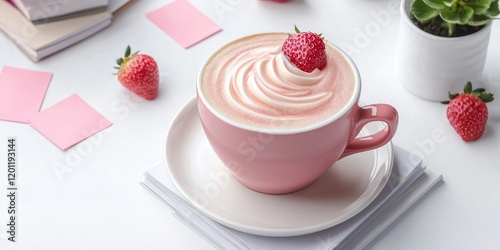 Pink cappuccino topped with fresh strawberries, placed on a white saucer, surrounded by strawberries and pastel sticky notes on a white background. photo