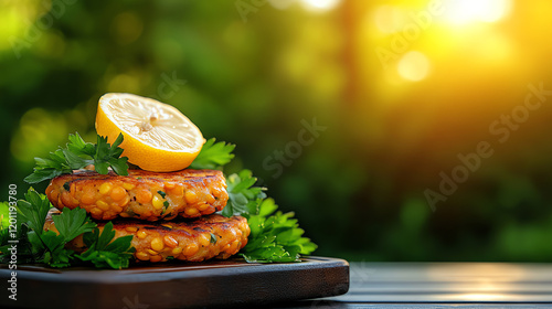 Turkish Mercimek Koftesi lentil patties, garnished with lemon and herbs in a sunny outdoor dining scene, [Middle Eastern vegetarian dishes, light and hearty] photo