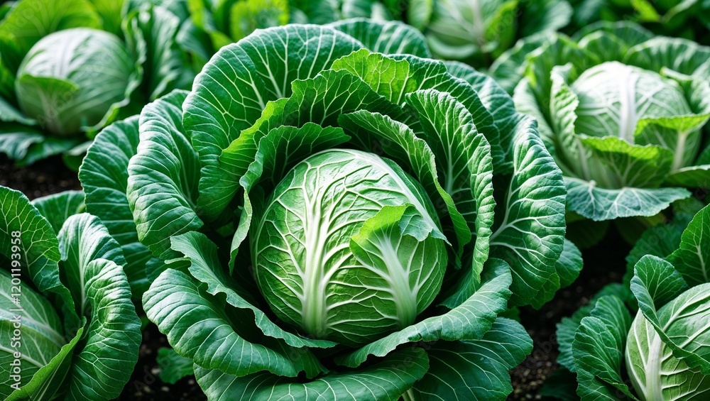 Fototapeta premium Fresh green cabbage with tightly packed leaves