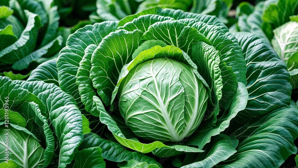 Fototapeta premium Fresh green cabbage with tightly packed leaves