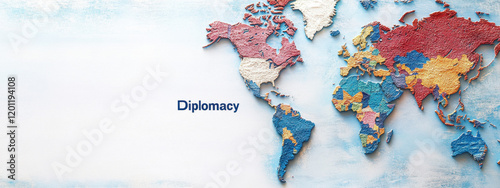 Colorful textured world map highlighting global diplomacy concepts. Multicolored continents on a textured surface, symbolizing international relations and cooperation.
