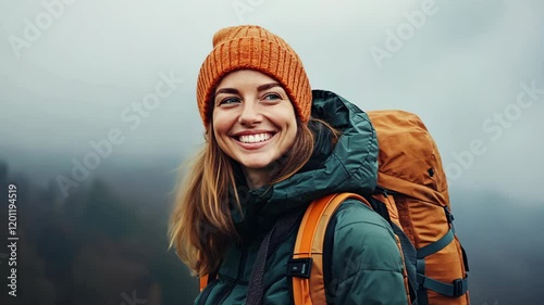 Smiling hiker with orange beanie and backpack enjoying a cloudy mountain landscape on a brisk day in autumn
