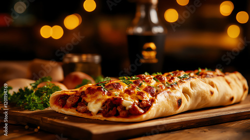 Turkish Pide boat-shaped flatbread, filled with cheese and spiced meat in a lively bazaar scene, [Middle Eastern comfort food, bold presentation]