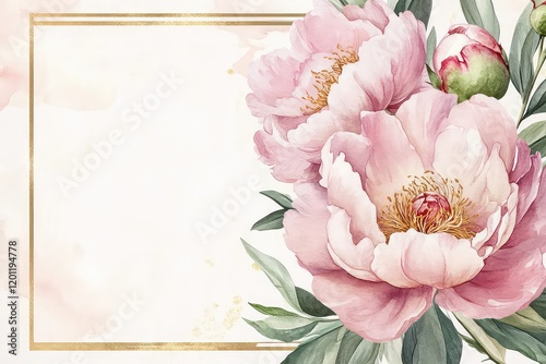 Fototapeta Naklejka Na Ścianę i Meble -  A luxurious invitation with watercolor peonies in soft pink hues, framed by a thin gold border and calligraphy text.