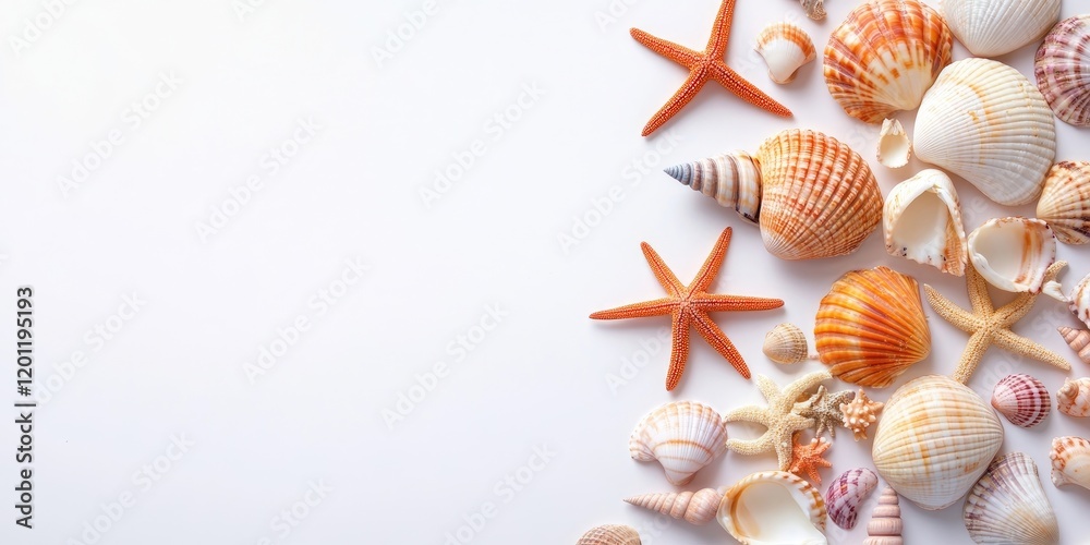 Vibrant sea shells and starfish in orange and cream colors arranged on a white background creating ample copy space in a flat lay perspective Vibrant sea shells and starfish in orange and cream colors arranged on a white background creating ample copy space in a flat lay perspective