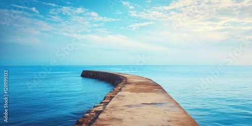 Serene coastal scene with a curved breakwater extending into the calm blue ocean under a bright sky, perfect for summer travel visuals.