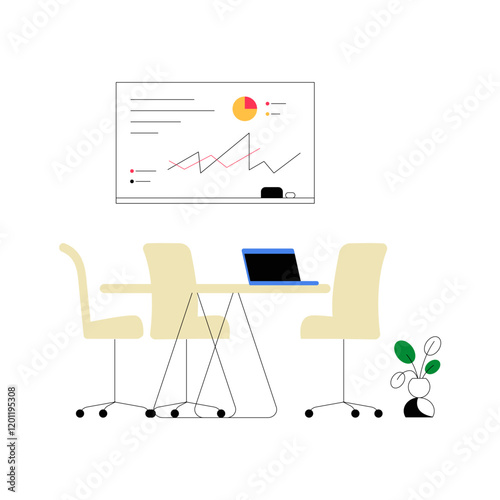Office Table With Chairs And Data Analytics Board In Flat Vector Illustration Symbolizing Business Analytics, Teamwork, And Collaboration, Isolated On White Background