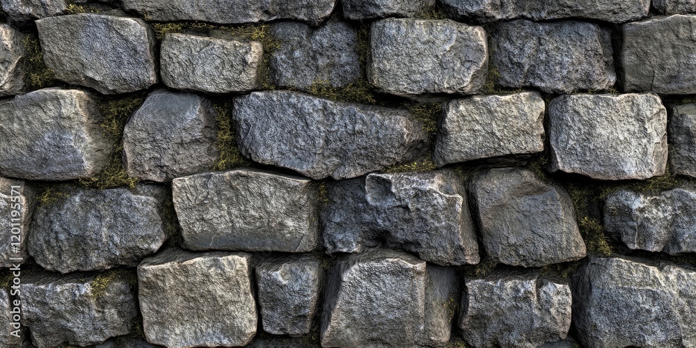 Textured stone wall with varying gray shades, unevenly placed rough stones, some green moss accents, creating a rustic and natural appearance. Textured stone wall with varying gray shades, unevenly placed rough stones, some green moss accents, creating a rustic and natural appearance.