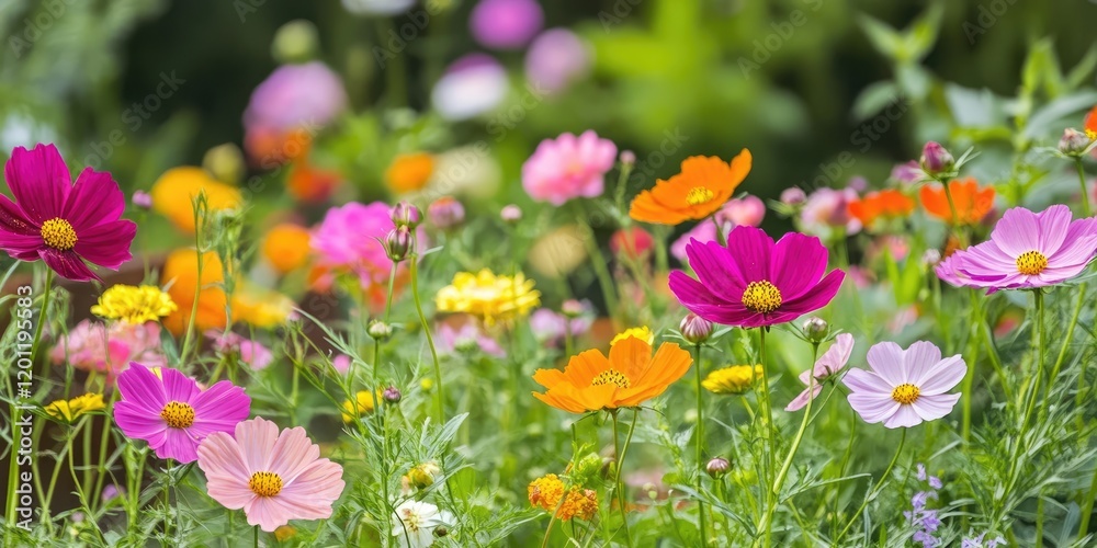 Obraz premium Vibrant garden scene featuring colorful cosmos flowers in shades of pink, orange, and yellow with soft bokeh background for text placement.