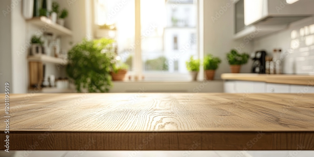 Bright wooden tabletop with a blurred modern kitchen background, showcasing greenery from potted plants near a sunlit window. Bright wooden tabletop with a blurred modern kitchen background, showcasing greenery from potted plants near a sunlit window.